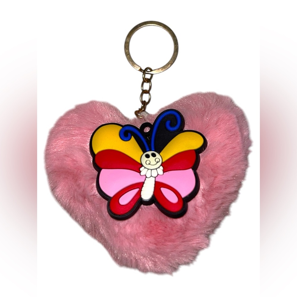 FUZZY LIGHT PINK HEART BUTTERFLY KEYCHAIN